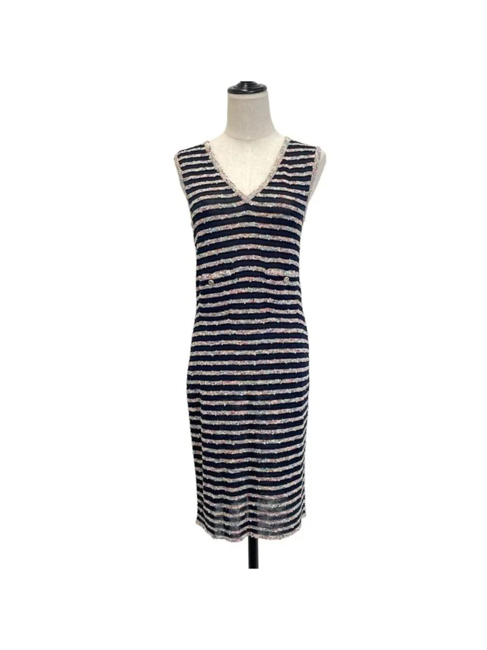Chanel Neck Sleeveless Tweed Dress 40 Navy Multicolor